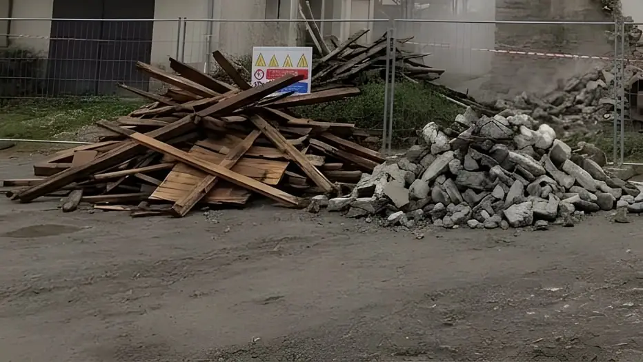 Un tas de planches et un tas de gravats sur un chantier clôturé