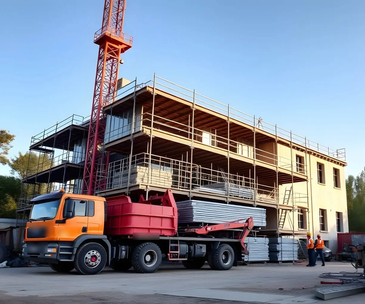 Camion porte-benne à benne rouge devant un bâtiment en construction entouré d’échafaudages