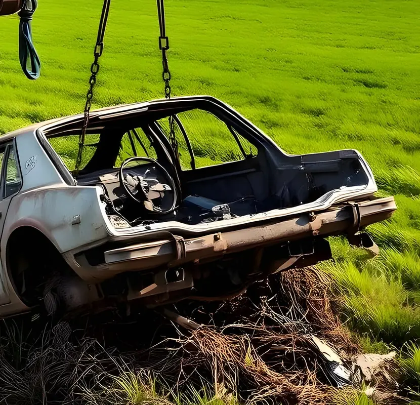 Carcasse de voiture soulevée par des chaînes au-dessus d’un champ